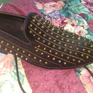 Studded black n gold loafers